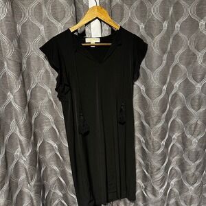 Michael Kors Black Tassel Dress V-Neck‎ Ruffle Sleeve Shift Dress S